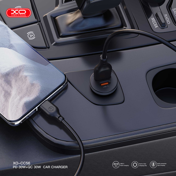 Фото - Автомобільний зарядний пристрій XO CC56 30W Mini Car Charger Type-C PD + USB-A (CC56_Black)