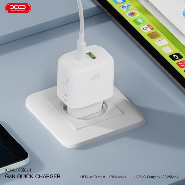 Фото - Мережевий зарядний пристрій XO L138 - 30W PD USB-C & 18W QC USB-A (L138_White)
