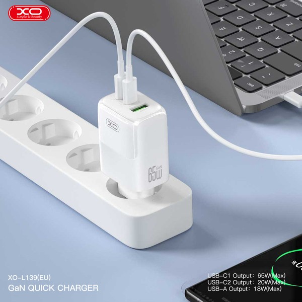 Фото - Мережевий зарядний пристрій XO L139 - 65W PD Dual USB-C & 18W QC USB-A (L139_White)