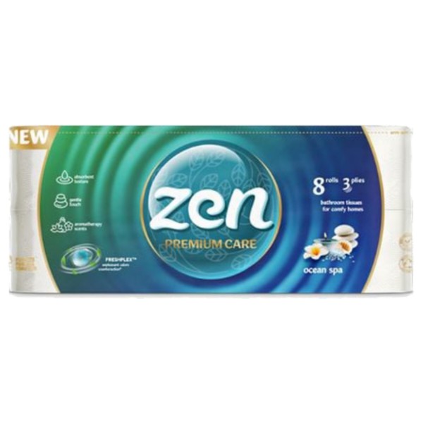 Фото - Туалетная бумага ZEN ТPremium Ocean SPA 3 слоя, 8 длинных рул.по 18,9м Фото - Туалетная бумага ZEN ТPremium Ocean SPA 3 слоя, 8 длинных рул.по 18,9м