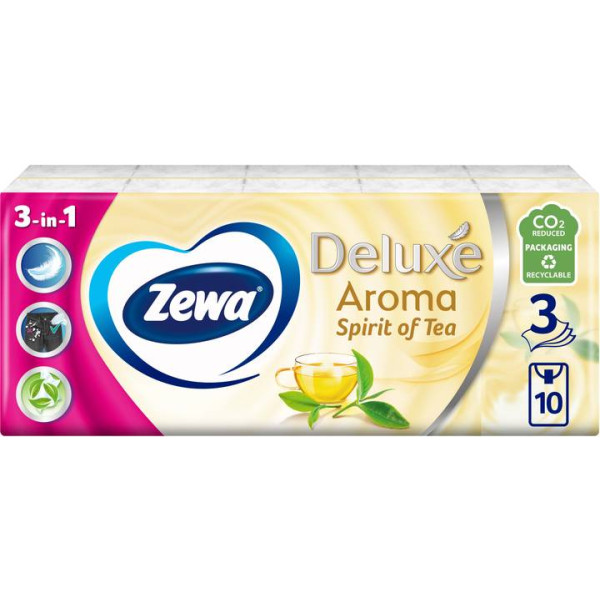 Фото - Серветки гігієнічні сухі Zewa Deluxe з ароматом чаю 3-шарові 10 шт. (7322540061475)