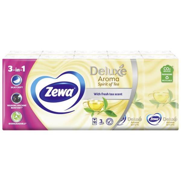 Фото - Серветки гігієнічні сухі Zewa Deluxe з ароматом чаю 3-шарові 10 шт. (7322540061475)