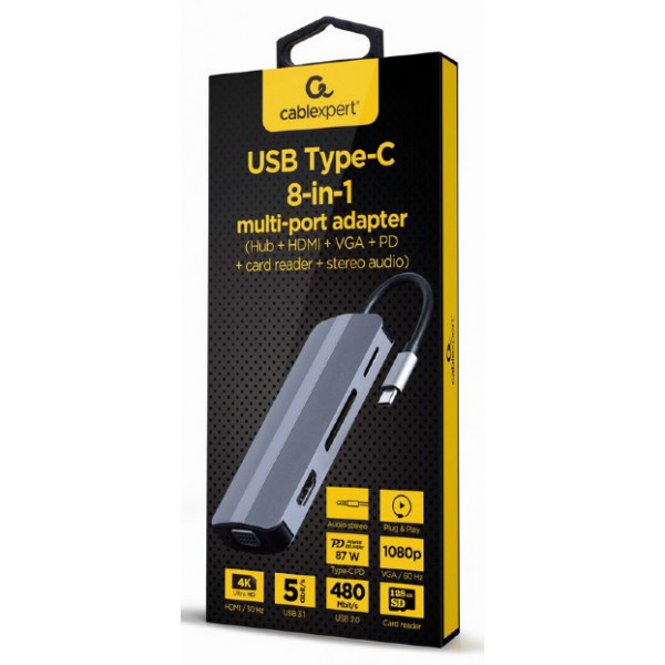 Фото - Хаб USB Cablexpert USB-C 8-в-1 USB 3.0/HDMI//VGA/PD (A-CM-COMBO8-02)