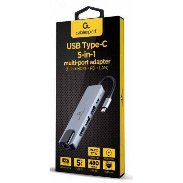 Фото - Хаб USB Cablexpert USB-C 5-в-1 HDMI/PD/LAN (A-CM-COMBO5-04)