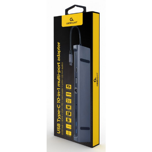 Фото - Хаб USB Cablexpert USB-C 10-в-1 USB-хаб+HDMI/VGA/PD/LAN/3.5-мм (A-CM-COMBO10-01)