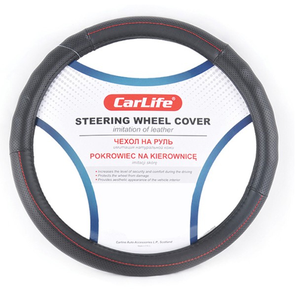 Фото - Чехол на руль CarLife из искусственной кожи черный с красной нитью (SW112XL)