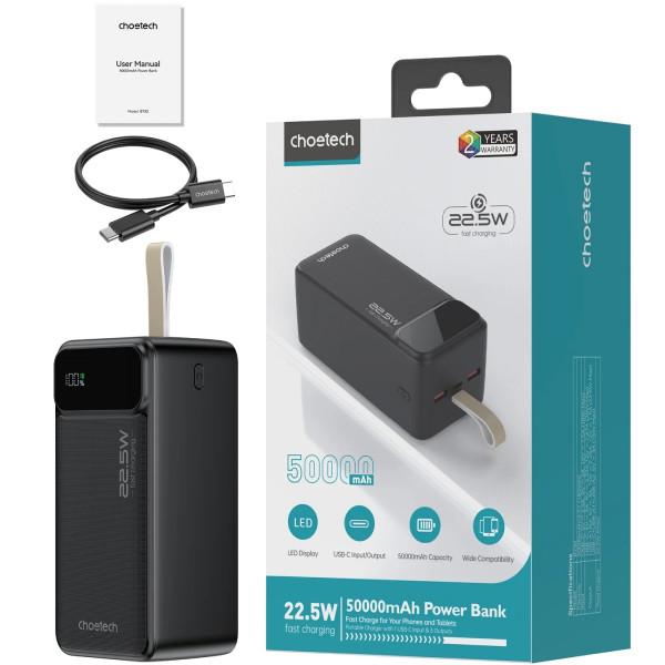 Фото - Батарея мобільна Choetech 50000mAh 22,5W PD QC3.0 Black (B732-ACBK)