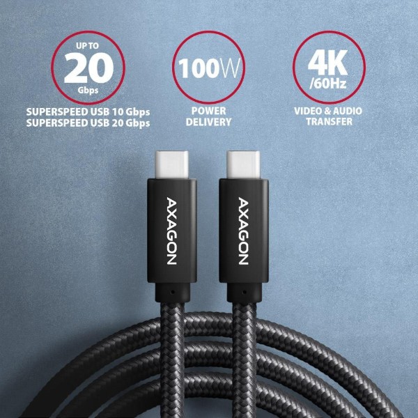 Фото - Кабель AXAGON USB-C 3.2 Gen 2, 2m, PD 100W, 5A, 4K HD, Black (BUCM32-CM20AB)