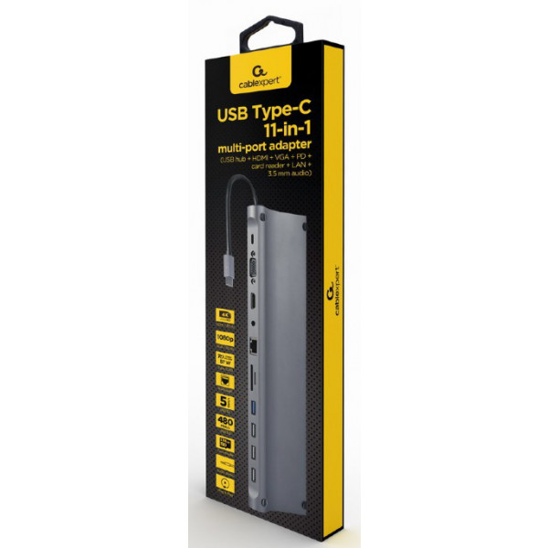 Фото - Хаб USB Cablexpert USB-C 11-в-1 USB-хаб+HDMI/VGA/PD/LAN/3.5-мм (A-CM-COMBO11-01)