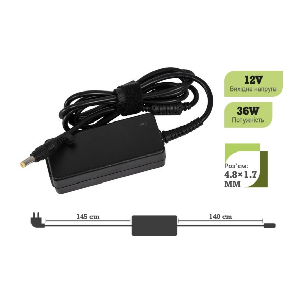 Фото - Зарядний пристрій для ноутбука 1stCharger Asus 36W 12V 3A 4.8x1.7 силовий кабель (AC1STAS36WD2)