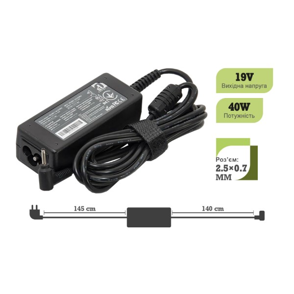 Фото - Зарядний пристрій для ноутбука 1stCharger Asus 40W 19V 2.1A 2.5x0.7 силовий кабель (AC1STAS40WC)