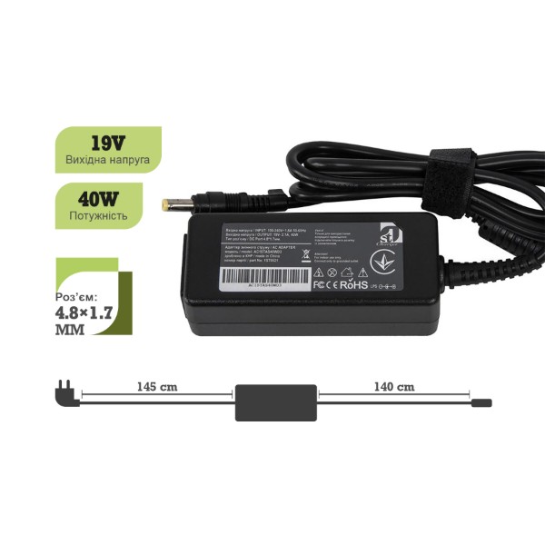 Фото - Зарядний пристрій для ноутбука 1stCharger Asus 40W 19V 2.1A 4.8x1.7 силовий кабель (AC1STAS40WD3)