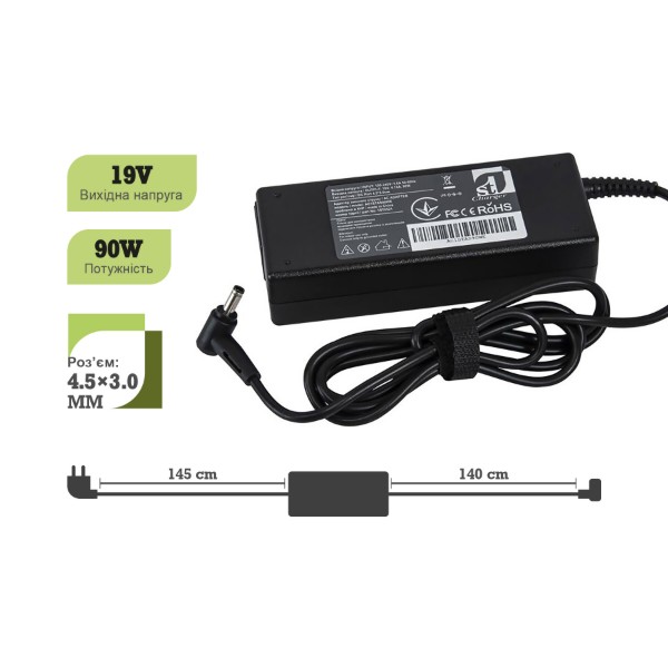 Фото - Зарядний пристрій для ноутбука 1stCharger Asus 90W 19V 4.74A 4.5x3.0 силовий кабель (AC1STAS90WE)