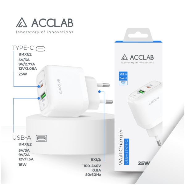 Фото - Сетевое зарядное устройство ACCLAB 25W USB-C PD+USB-A QC3.0 White (AL-TC252)