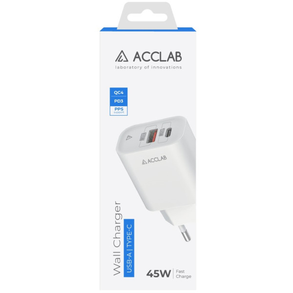 Фото - Мережевий зарядний пристрій ACCLAB 45W USB-C+USB-A QC4.0 White (AL-TC452)
