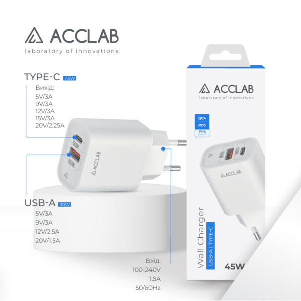 Фото - Мережевий зарядний пристрій ACCLAB 45W USB-C+USB-A QC4.0 White (AL-TC452)