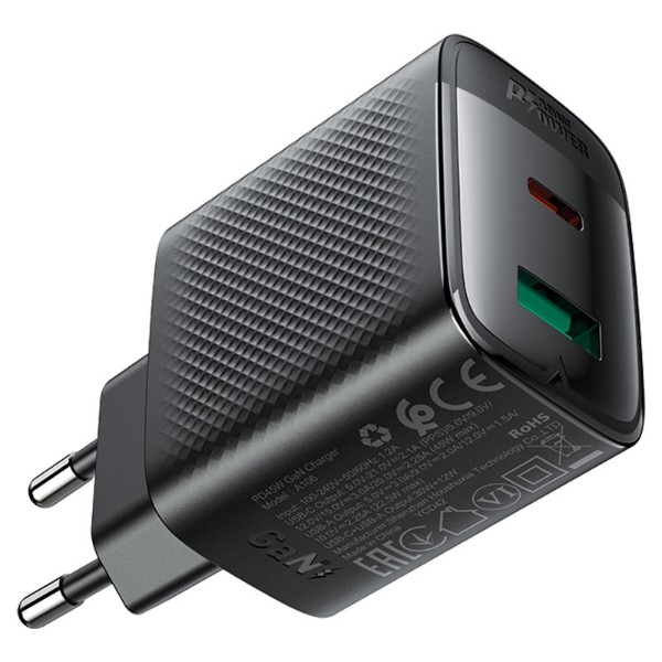 Фото - Сетевое зарядное устройство AceFast 2xUSB 45W (USB-C+USB-A) Gan A106 Black (6974316284031)