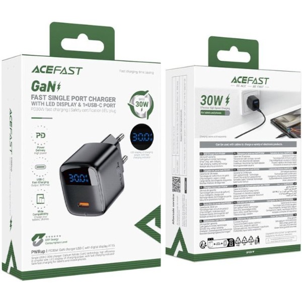 Фото - Сетевое зарядное устройство AceFast 1xUSB-C 20W Gan A113 Fast Charger + USB-C cable with digital display black (6974316284420)