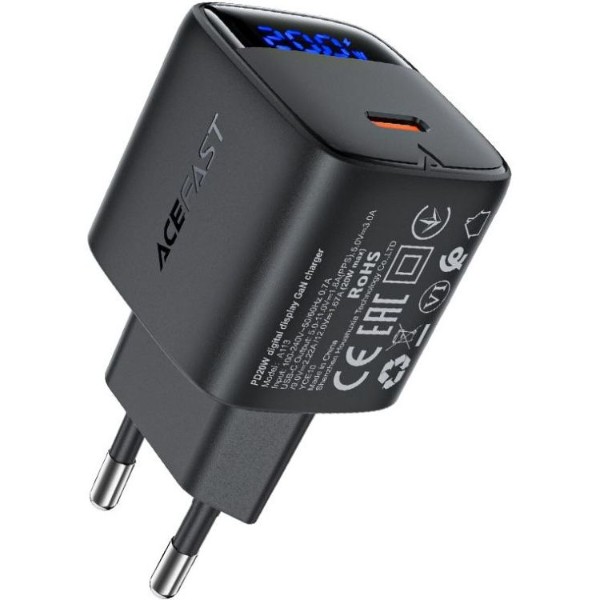 Фото - Сетевое зарядное устройство AceFast 1xUSB-C 20W Gan A113 Fast Charger + USB-C cable with digital display black (6974316284420) Фото - Сетевое зарядное устройство AceFast 1xUSB-C 20W Gan A113 Fast Charger + USB-C cable with digital display black (6974316284420)