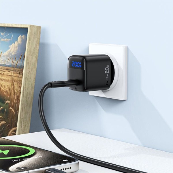 Фото - Сетевое зарядное устройство AceFast 1xUSB-C 20W Gan A113 Fast Charger + USB-C cable with digital display black (6974316284420)
