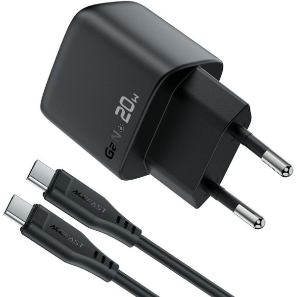 Фото - Сетевое зарядное устройство AceFast 1xUSB-C 20W Gan A113 Fast Charger + USB-C cable with digital display black (6974316284420)