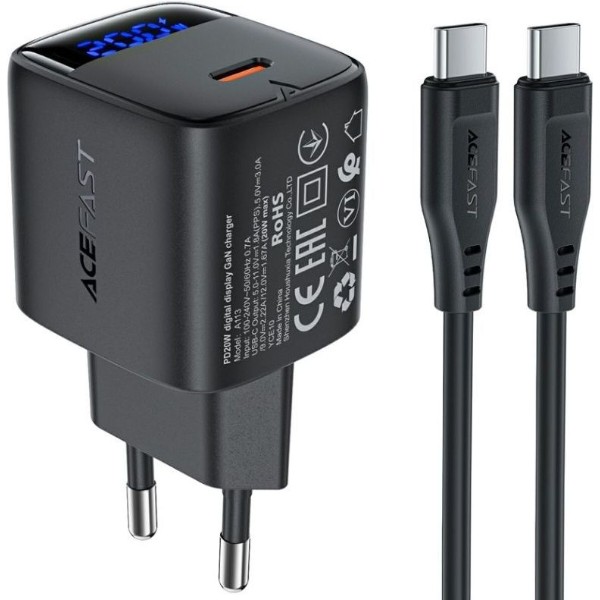 Фото - Сетевое зарядное устройство AceFast 1xUSB-C 20W Gan A113 Fast Charger + USB-C cable with digital display black (6974316284420)