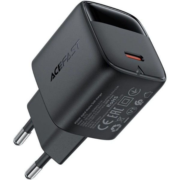 Фото - Сетевое зарядное устройство AceFast 1xUSB-C 20W Gan A113 Fast Charger with digital display black (6974316284413)