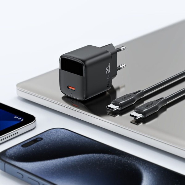 Фото - Сетевое зарядное устройство AceFast 1xUSB-C 20W Gan A113 Fast Charger with digital display black (6974316284413)
