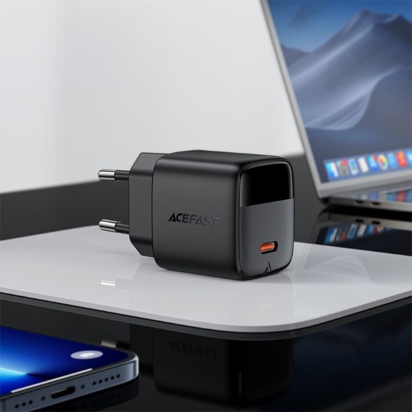 Фото - Сетевое зарядное устройство AceFast 1xUSB-C 20W Gan A113 Fast Charger with digital display black (6974316284413)