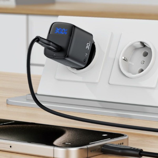 Фото - Сетевое зарядное устройство AceFast 1xUSB-С 30W with digital display Gan A115 Black (6974316284444)