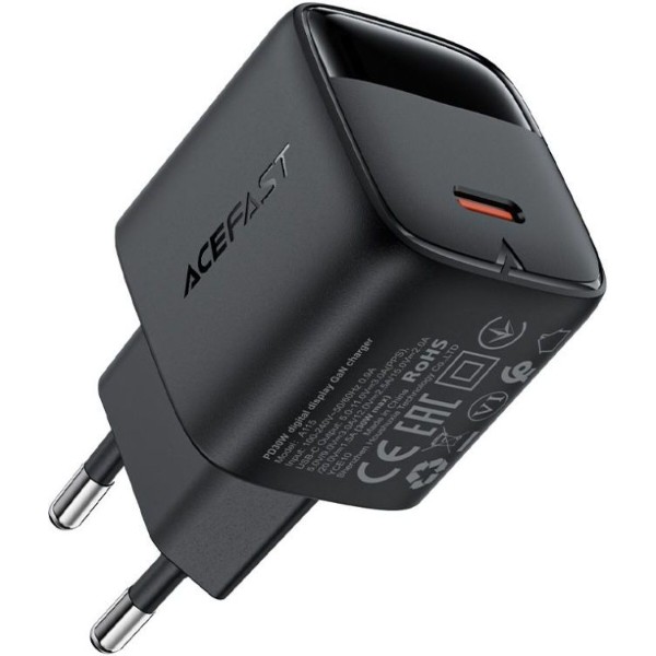 Фото - Сетевое зарядное устройство AceFast 1xUSB-С 30W with digital display Gan A115 Black (6974316284444)