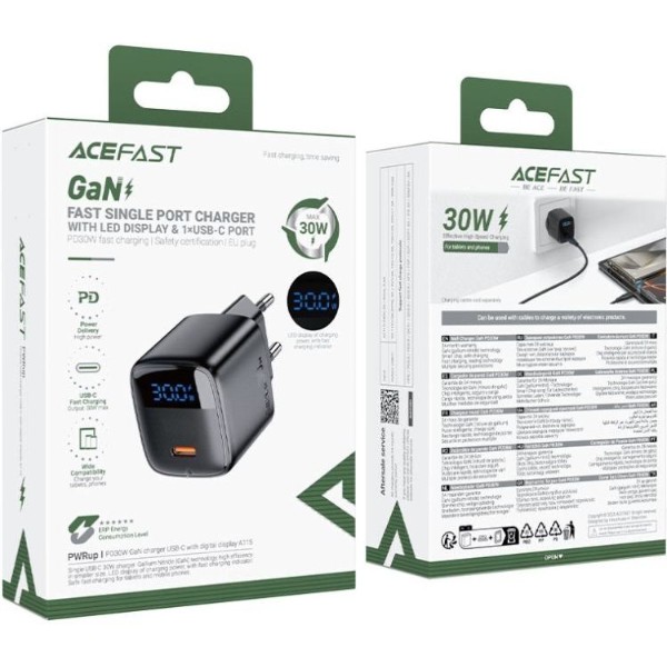 Фото - Сетевое зарядное устройство AceFast 1xUSB-С 30W with digital display Gan A115 Black (6974316284444)