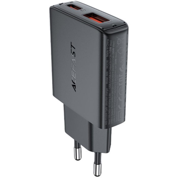 Фото - Сетевое зарядное устройство AceFast 2xUSB 30W (USB-C+USB-A) Gan A69 ultra-thin Fast Charger Black (6974316282709)