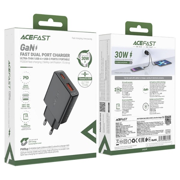 Фото - Сетевое зарядное устройство AceFast 2xUSB 30W (USB-C+USB-A) Gan A69 ultra-thin Fast Charger Black (6974316282709)