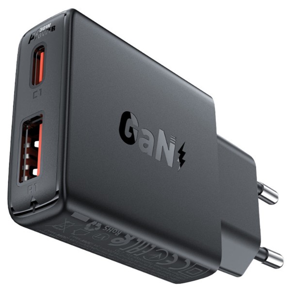 Фото - Сетевое зарядное устройство AceFast 2xUSB 30W (USB-C+USB-A) Gan A69 ultra-thin Fast Charger Black (6974316282709)
