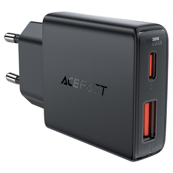 Фото - Сетевое зарядное устройство AceFast 2xUSB 30W (USB-C+USB-A) Gan A69 ultra-thin Fast Charger Black (6974316282709)