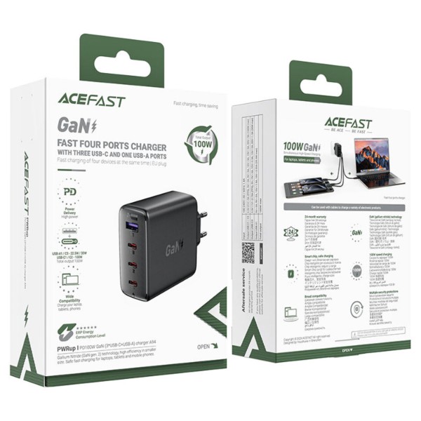 Фото - Мережевий зарядний пристрій AceFast 4xUSB 100W (3xUSB-C+USB-A) Gan A94 Fast Charger Black (6974316283133)