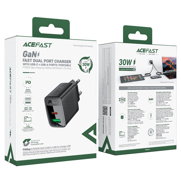 Фото - Мережевий зарядний пристрій AceFast 2xUSB 30W (USB-C+USB-A) Gan A98 Black (6974316283263)