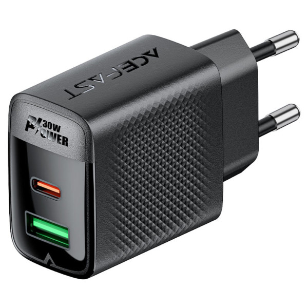 Фото - Мережевий зарядний пристрій AceFast 2xUSB 30W (USB-C+USB-A) Gan A98 Black (6974316283263)