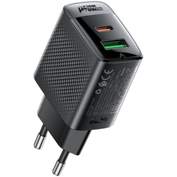 Фото - Мережевий зарядний пристрій AceFast 2xUSB 30W (USB-C+USB-A) Gan A98 Black (6974316283263)