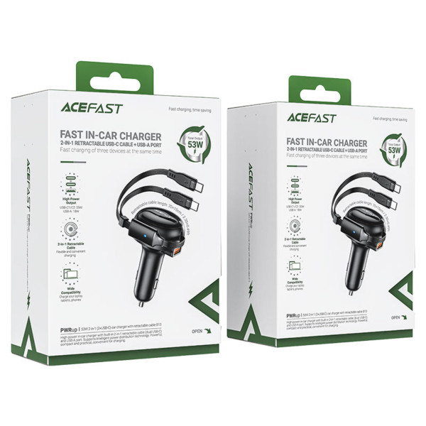 Фото - Автомобільний зарядний пристрій AceFast 3xUSB 53W (2xUSB-C+USB-A) + cable USB-C 2in1 B13 (6974316282921)