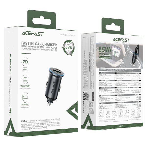 Фото - Автомобільний зарядний пристрій AceFast B15 65W USB-A+USB-C (6974316284963)