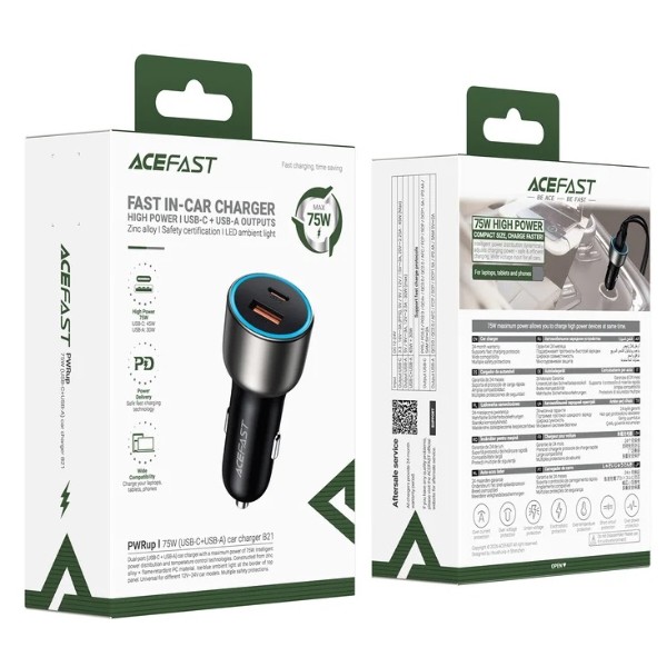 Фото - Автомобильное зарядное устройство AceFast B21 75W(USB-C+USB-A)car charger Metal Gray (6974316286684)