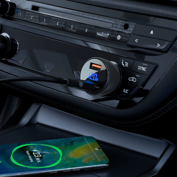 Фото - Автомобільний зарядний пристрій AceFast 2xUSB 63W (USB-C + USB-A) B6 with digital display (6974316280972)