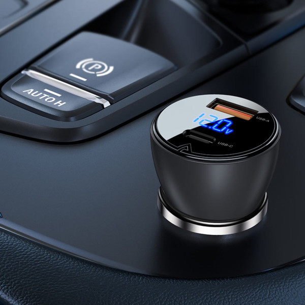 Фото - Автомобільний зарядний пристрій AceFast 2xUSB 63W (USB-C + USB-A) B6 with digital display (6974316280972)