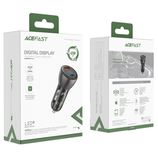 Фото - Автомобільний зарядний пристрій AceFast 2xUSB 63W (USB-C + USB-A) B6 with digital display (6974316280972)
