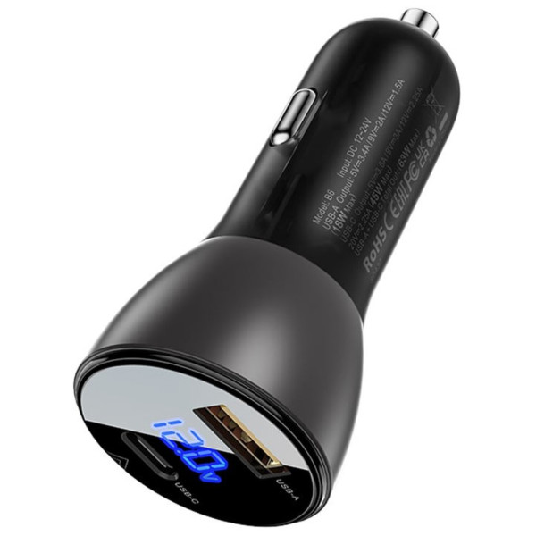 Фото - Автомобільний зарядний пристрій AceFast 2xUSB 63W (USB-C + USB-A) B6 with digital display (6974316280972)