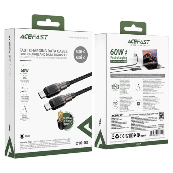 Фото - Кабель AceFast USB 2.0 USB-C to USB-C, 1,2 м, 3.0A, silicone braid C10-03 (6974316283119)