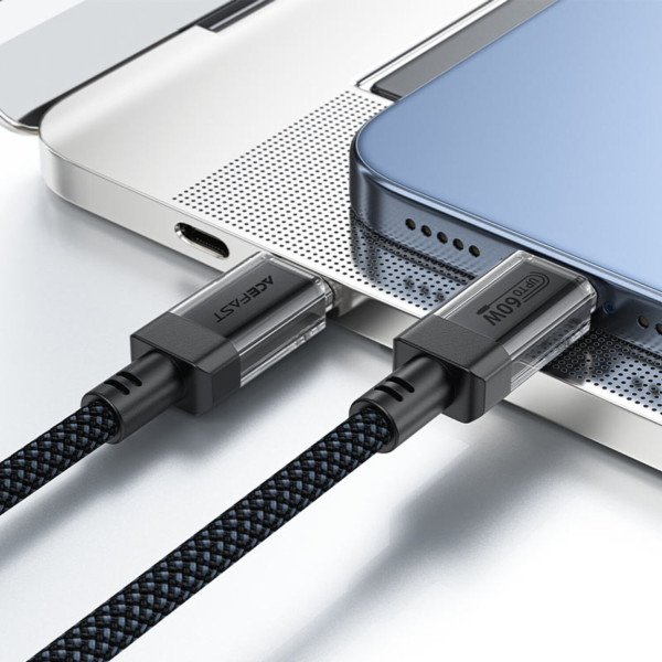 Фото - Кабель AceFast USB 2.0 USB-C to USB-C, 1.2 м, 60W, 3.0A, stainless steel Black, C12-03 (6974316283317)