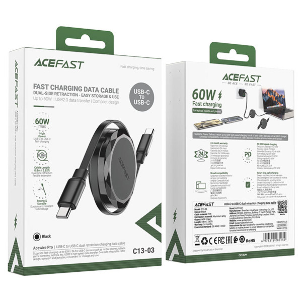 Фото - Кабель синхронизации данных AceFast USB 2.0 USB-C to USB-C, 0.8 м, 60W, 3.0A, dual retraction Black, C13-03 (6974316280132)